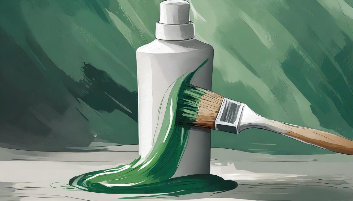 Firefly verf een wit shampoo flesje groen met een grote kwast. Het flesje is voor de helft geverf. 4